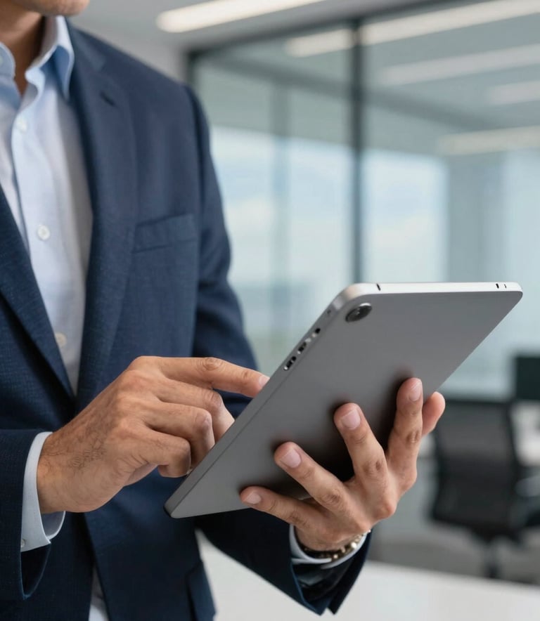 A close-up of a Latin American professional's hands using a sleek tablet in a clean, high-tech office environment. The lighting is crisp and efficient, with deep navy blue and soft sky blue tones reflected in the background architecture.
