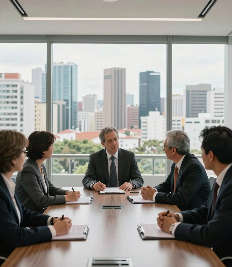 A group of professional business executives in a modern, bright meeting room with glass walls overlooking a Latin American city skyline, professional photography, natural lighting.
