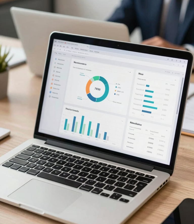 Close-up of a high-end laptop on a professional office desk showing a clean, modern dashboard with insurance data charts, a person in professional attire in a Latin American office environment.