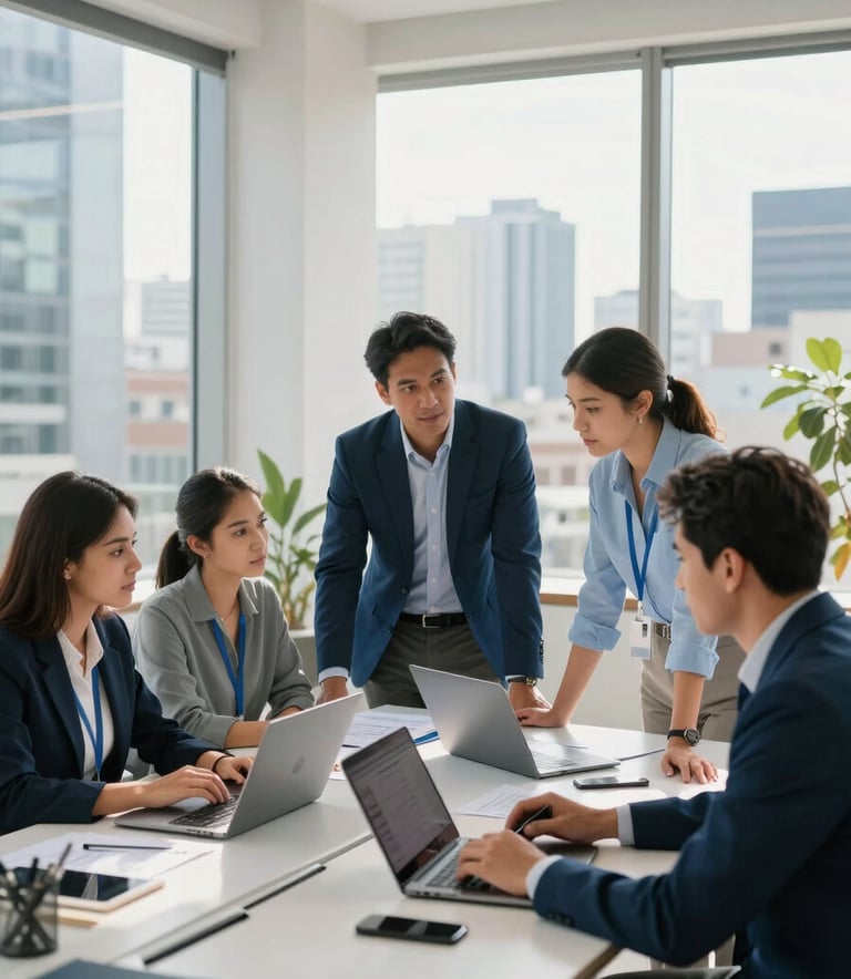 A bright, modern office in a Latin American city. A professional team of insurance consultants is collaborating around a large desk with sleek laptops. Soft sunlight, professional attire, with steel blue and cloud white accents.