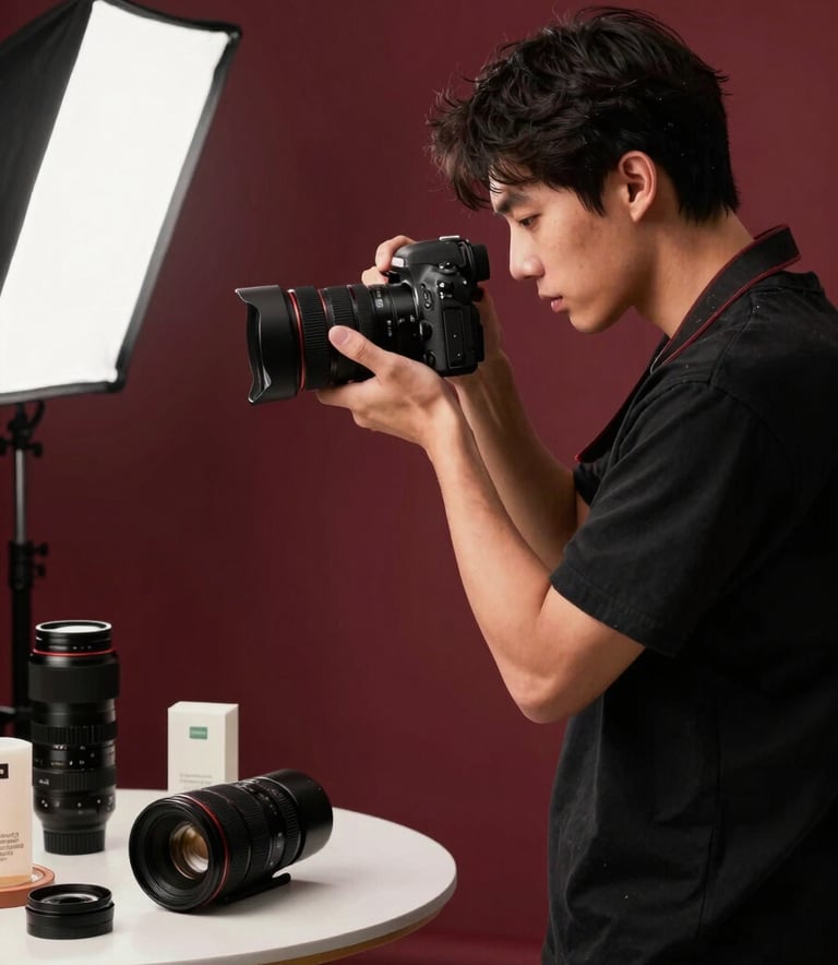 A professional photographer in a North American studio setting, focusing a camera on an aesthetic product arrangement. The scene shows professional gear and lighting setups in a sophisticated, down-to-earth atmosphere with subtle deep ripe crimson accents in the background.