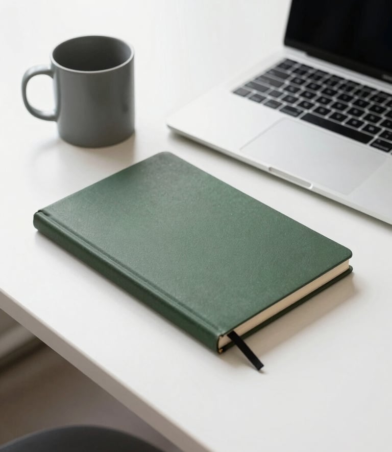 A minimalist, Scandinavian-style North American office desk with a clean laptop, a Matte Forest Green notebook, and a matte ceramic mug. The lighting is bright and natural, reflecting a professional yet approachable workspace.