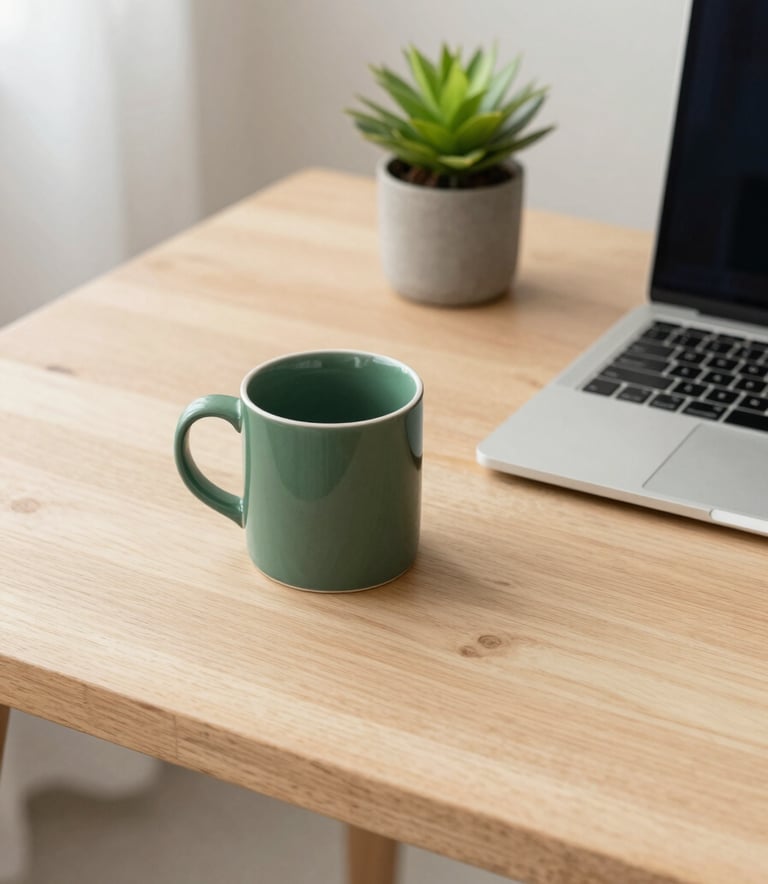A high-angle photograph of a clean, cozy Scandinavian-style wooden desk in a bright North American office. A ceramic mug, a sleek laptop, and a small potted plant are arranged neatly. The lighting is soft and natural, emphasizing the textures of matte forest green and crisp parchment colors in the room's decor.