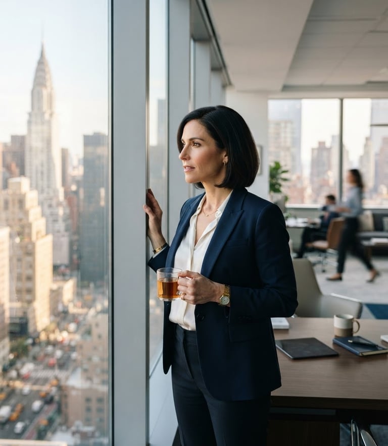 Bright environmental portrait of a focused executive looking out of a modern Midtown office window, soft natural daylight, navy accents, shallow depth of field.
