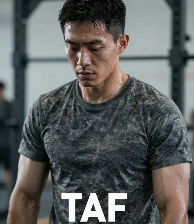 A candidate undergoing a rigorous physical test (TAF), focused and sweating, cinematic lighting, military style with #8D9D95 grey tones.