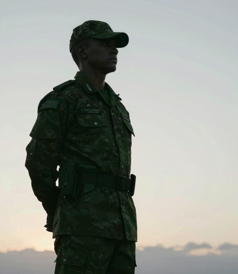 A silhouette of a Brazilian Marine standing guard at dawn, with soft morning light illuminating the horizon. The composition is clean and modern, using a color palette of deep greens (#3E544D) and grays (#8D9D95). Inspirational and disciplined atmosphere.