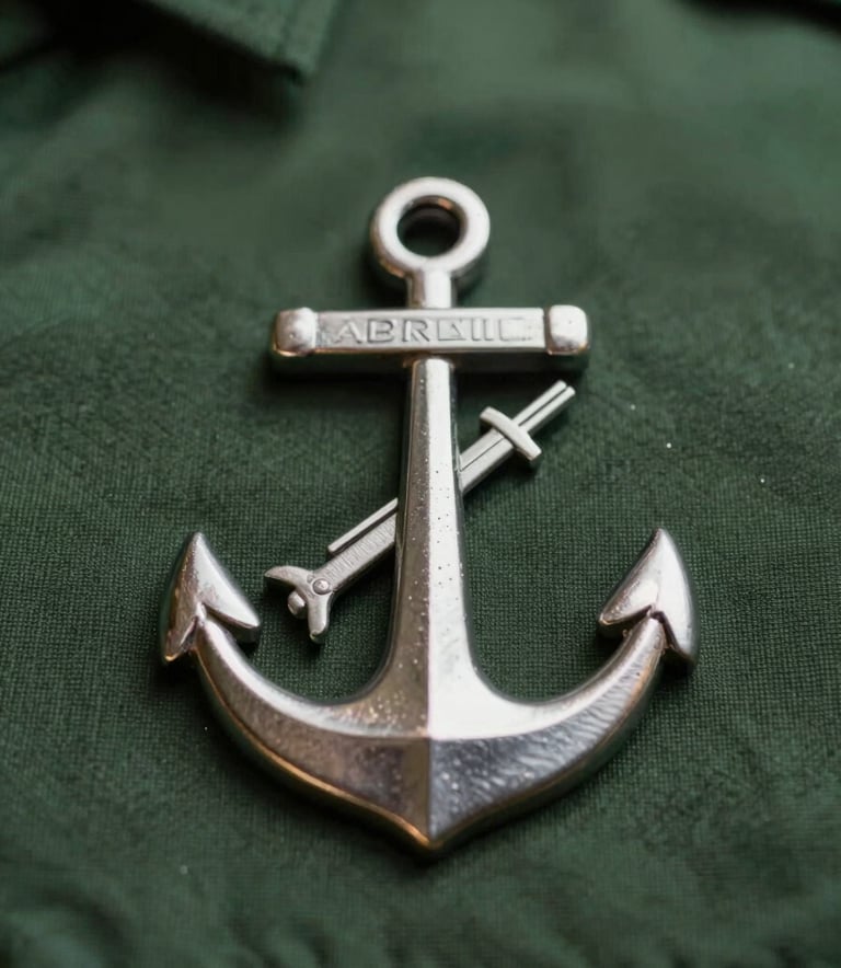 A high-quality, professional macro shot of a Brazilian Marine's uniform emblem, focusing on the metallic anchor and crossed rifles. The lighting is dramatic, highlighting textures and metallic glints against a dark green (#3E544D) fabric background. Serious and authoritative mood.