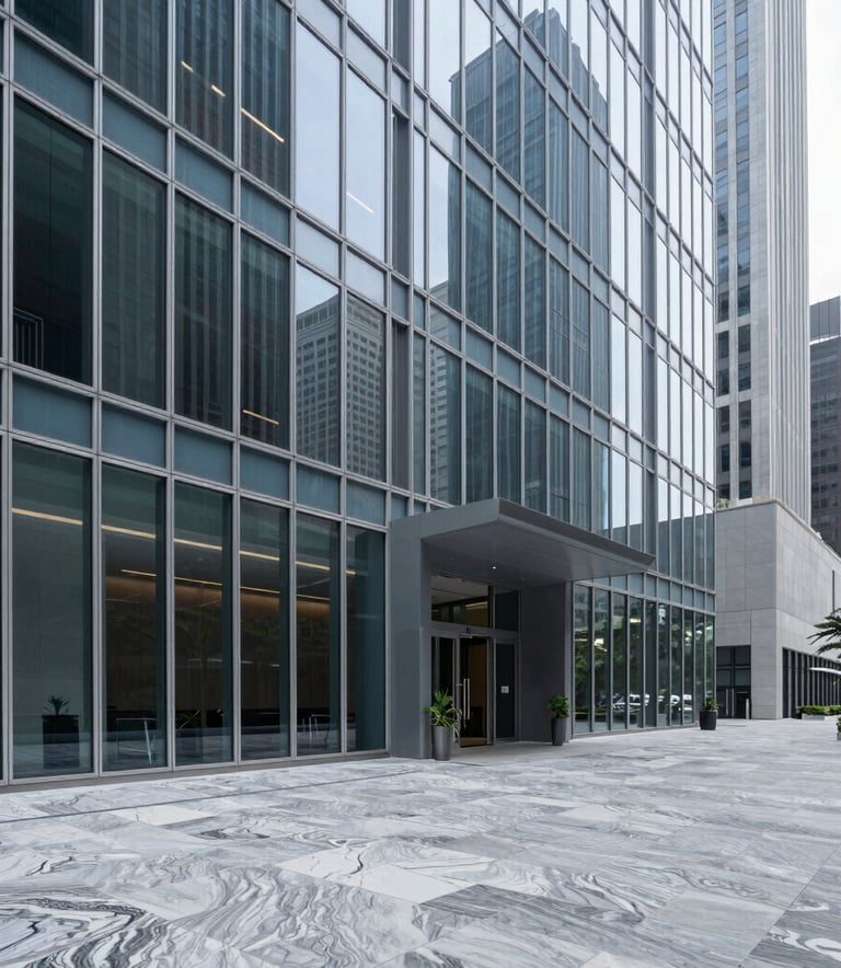 A wide-angle professional photograph of a sophisticated glass-walled office lobby in a North American financial district. The scene is minimalist with sharp lines, polished marble floors, and a palette of steel blue and light grey. The lighting is crisp and authoritative.