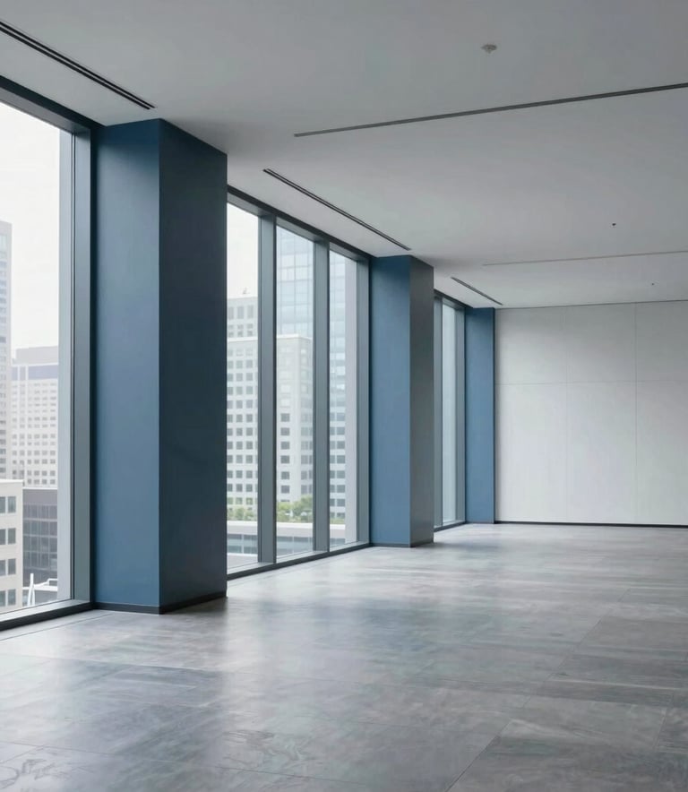 A wide-angle shot of a minimalist, luxury office interior in a North American city, featuring clean lines, large windows, and a palette of steel blue and light gray.