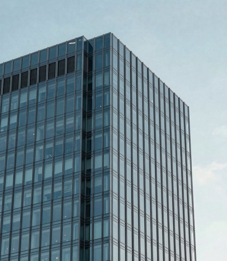 A minimalist architectural detail photograph showing the corner of a modern glass skyscraper against a clear sky in a North American city. The focus is on the precision of the steel construction, using a palette of steel blue and light grey to convey stability and excellence.