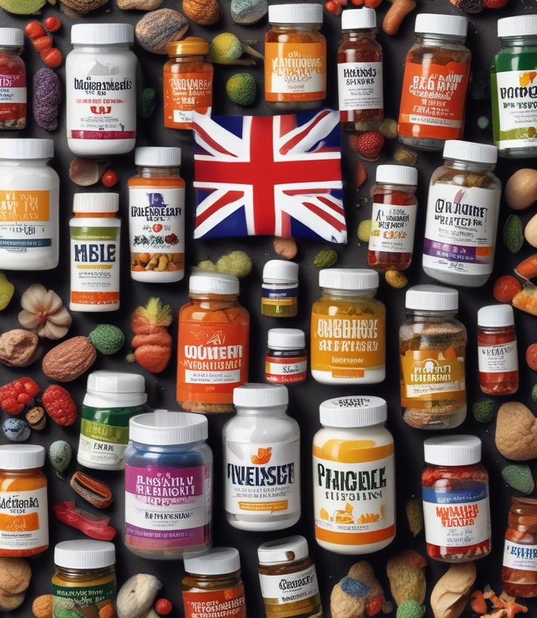 A collection of wellness products is displayed, including a brown glass dropper bottle with a blue label, jars with cream-colored labels, a small bowl with powder, and several capsules scattered on a light surface. Packaging with minimalist design features the brand 'beam' and labels such as 'clarity,' 'the fixer,' and 'revive.'