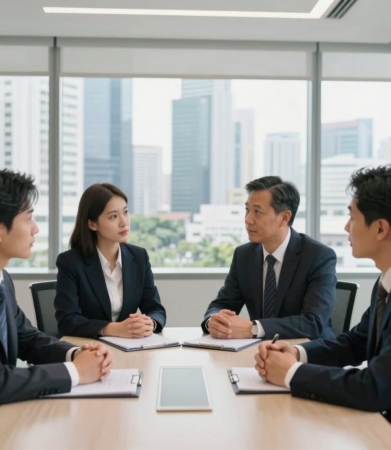 A professional team of business consultants in business attire having a discussion in a bright, modern meeting room with large windows overlooking a Southeast Asian city skyline. Natural lighting, professional atmosphere with Off-White and Dark Navy tones.