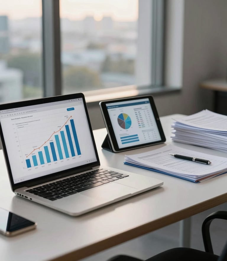 A clean, organized desk in a high-end Indonesian corporate office featuring a laptop, a tablet showing growth charts, and a neat stack of documents. Soft evening light coming through the window, emphasizing efficiency and professionalism.
