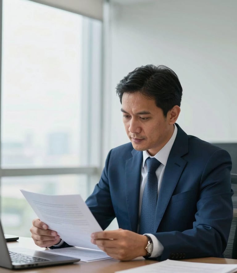 A professional Southeast Asian businessman in a sharp suit working in a clean, modern office in Jakarta. He is reviewing documents with a focused and trustworthy expression. Soft, natural light from a window, with a palette of oxford blue and platinum.