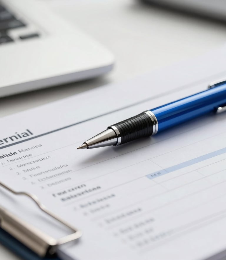 A close-up of a professional desk in an Indonesian financial services office. A sleek pen rests on a financial report, with a clean background. The colors include oxford blue and soft platinum.