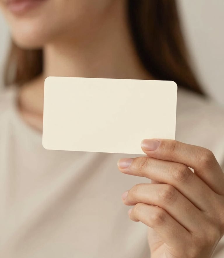 A serene close-up of a person with radiant, healthy-looking skin holding a delicate cream-colored contact card. The lighting is soft and warm, reflecting a gentle glow. Background features soft-focus textures of #FDF8F0 and #E4D5C5.
