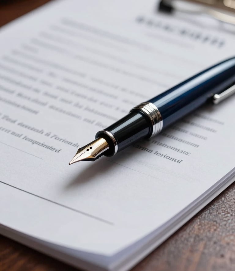 A close-up of a high-end fountain pen resting on a detailed legal contract on a mahogany desk. The lighting is professional and clear, with deep charcoal navy shadows and soft ice blue highlights reflecting off the polished wood. The mood is one of serious legal precision.