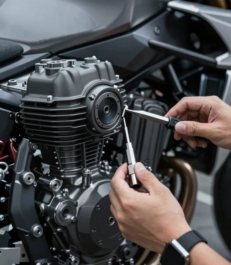 A close-up, high-detail shot of a high-performance motorcycle engine being inspected with precision tools. The lighting is focused and professional, highlighting metallic textures. The color palette includes #1F1F1F, #606060, and subtle #A03222 accents. Modern, industrial aesthetic.