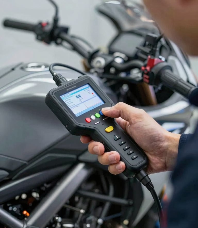 A close-up, high-detail shot of a professional mechanic's hand using a digital diagnostic tool on a modern motorcycle engine. The lighting is bright and technical, emphasizing precision and the metallic textures of the bike. The color palette includes #1F1F1F and metallic tones, with subtle #A03222 accents on the motorcycle frame. Modern, structured aesthetic.