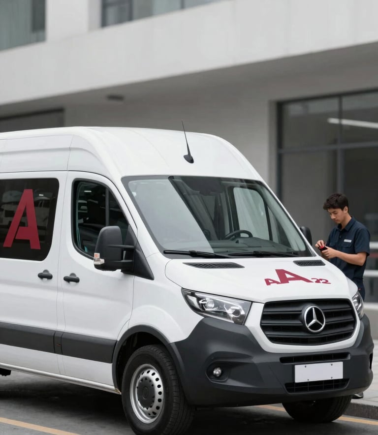 A sleek, branded mobile service van parked in a clean, modern urban setting. A technician is seen in the background preparing professional tools. The style is minimalist and high-end, focusing on convenience and trust. Dominant colors are #F5F5F5 for the environment and #1F1F1F for the van, with a professional #A03222 logo.