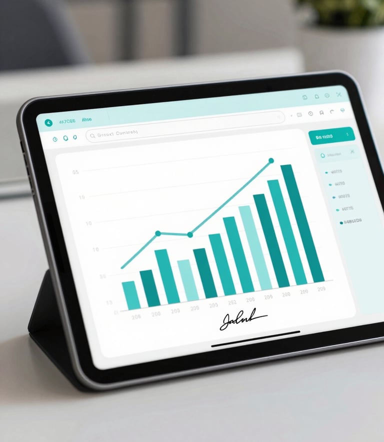 A close-up of a digital tablet showing a clearly rising financial bar chart and a secure signature line. Professional lighting, modern office setting. The brand's #4A7C8E teal and #A8C9D8 light blue are subtly integrated in the interface and office decor.