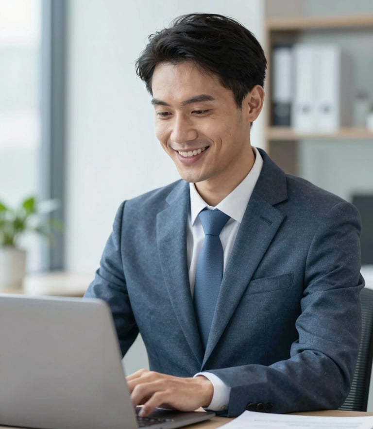 A professional financial advisor in a modern office, smiling confidently while looking at a laptop. The atmosphere is trustworthy and bright. Color palette includes #1D2D3E and #F7FAFC.