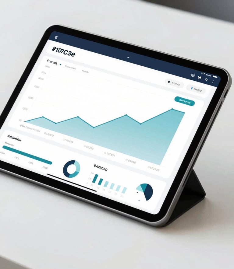 A close-up of a digital tablet displaying a professional financial dashboard with growth charts in shades of #1D2D3E and #4A7C8E, set on a clean white desk, conveying modern fintech efficiency.