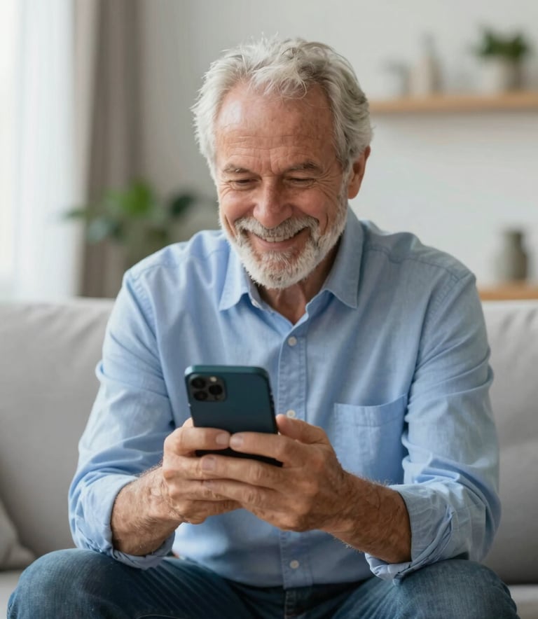 A smiling senior professional using a smartphone in a bright, modern living room. The atmosphere is warm and trustworthy, with accents of #A8C9D8 in the decor, showing the ease of digital credit.