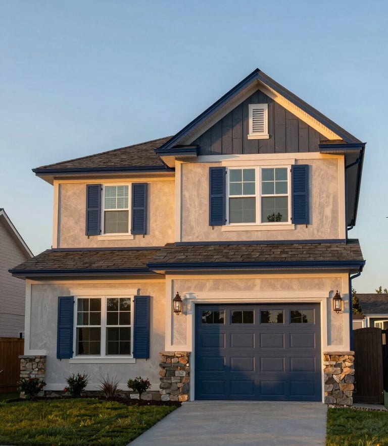 A modern North American / US suburban family home during a golden hour sunset. The architecture features steel blue shutters and dark slate blue trim. The scene exudes a sense of safety, stability, and peace of mind, high-resolution architectural photography.