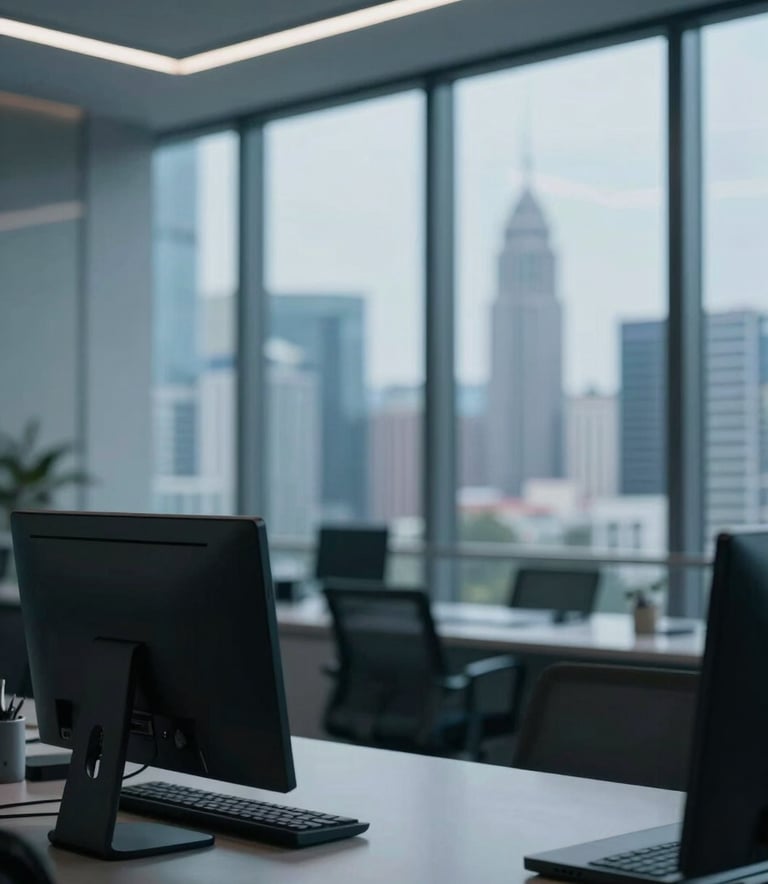 A high-end, secure technological environment with soft blue and deep gray lighting. In the background, a blurred modern Southeast Asian cityscape is visible through large glass windows. The composition is clean and professional, emphasizing a sense of trust and advanced security.