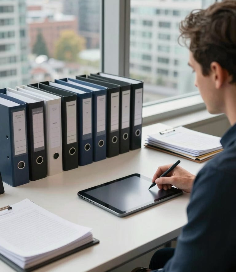 A professional North American casting director's workspace in Vancouver. A clean minimalist desk with a digital tablet, organized script binders, and a view of the city through a large window. Soft, natural daylight and a professional atmosphere.