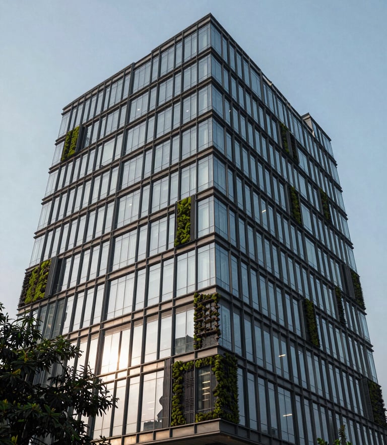 Photography of a contemporary commercial building facade in the Delhi Mohan Cooperative area. The architecture is modern with glass and steel, reflecting the sky. Touches of dark moss green landscaping are visible, creating a professional and high-end atmosphere.
