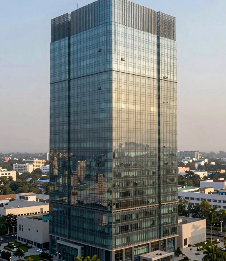 A high-angle architectural photograph of a modern glass-clad corporate tower in a South Asian / Indian business district like Gurugram. The building reflects a clear sky, and the surrounding environment includes landscaped greenery in shades of Muted Sage Green and Light Grey-Green. Professional lighting during the golden hour.