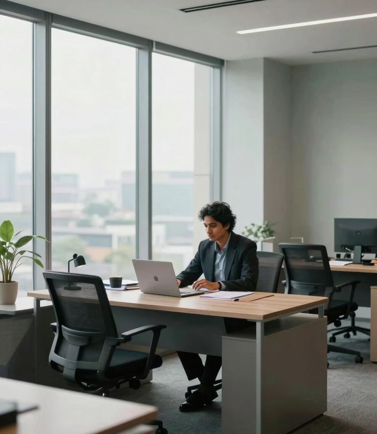 Photography of a professional workspace in a South Asian / Indian corporate office in Gurugram. Soft natural lighting from floor-to-ceiling windows. The interior features mist-colored walls and sophisticated minimalist furniture. The scene captures a forward-thinking and reliable business environment.
