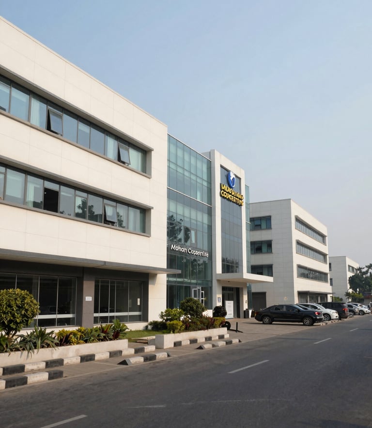 A professional wide-angle shot of a commercial complex at Mohan Cooperative, Delhi. The scene features modern architecture with clean lines in Soft Off-White and glass. The atmosphere is bustling yet orderly, typical of a premier South Asian / Indian industrial and corporate hub.