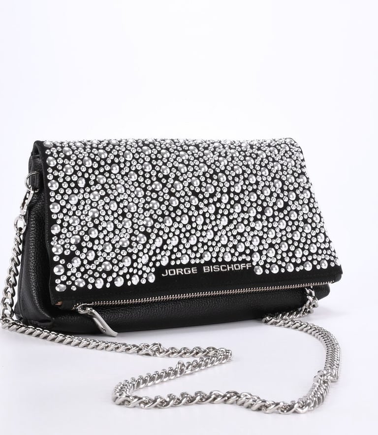 a black clutch bag with a chain link chain