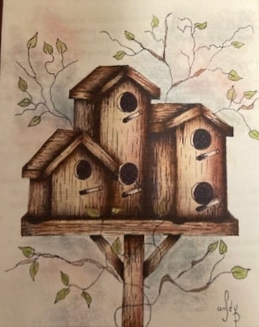 Birdhouse and leaves acrylic painting