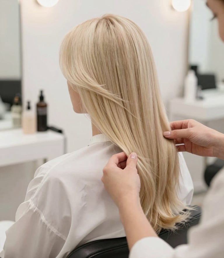 A professional photograph of a woman with long, elegantly styled hair in a bright, modern salon. The stylist's hands are visible adjusting a strand. The palette is dominated by off-white and light beige tones. North American / International context.