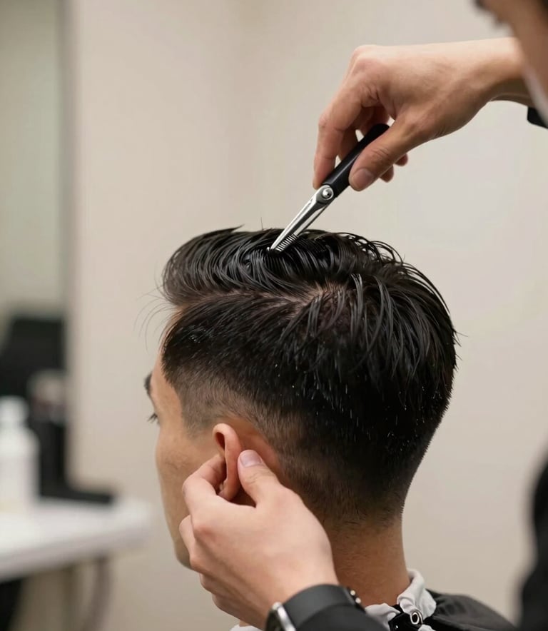 A close-up photograph of a professional stylist performing a precision haircut on a man. The focus is on the sharp grooming tools and the clean lines of the cut. The background is a soft-focus light beige salon wall with natural light. North American / International setting.