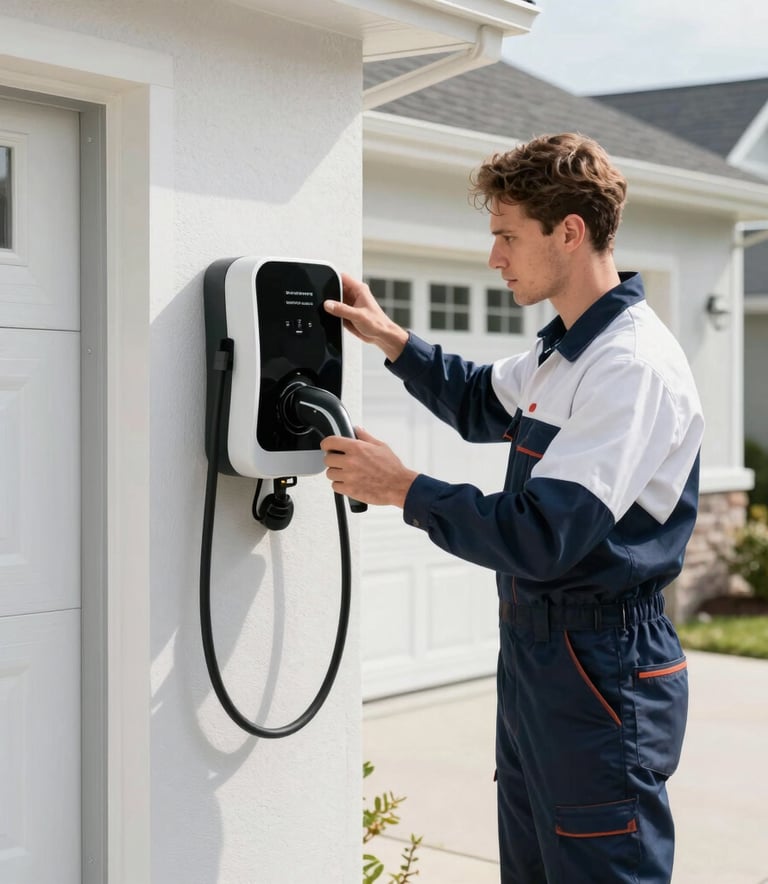 A clean, modern North American residential garage where a professional electrician is installing a wall-mounted EV charging station. Bright, natural daylight, deep navy and white work attire, professional and safe atmosphere.