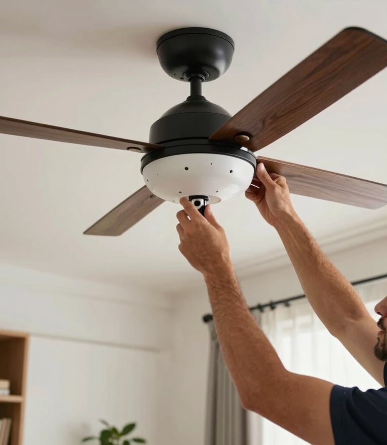 Close-up of a skilled technician installing a modern ceiling fan in a contemporary North American living room. The composition is focused on the expert hands and professional tools, conveying expertise.