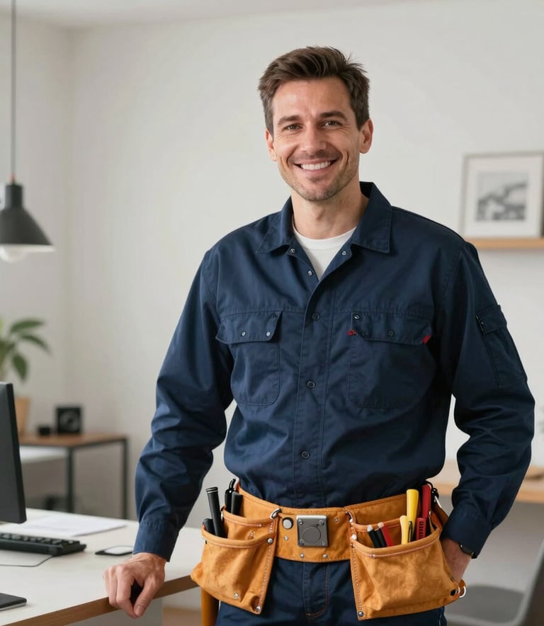 A professional North American electrician wearing a navy blue uniform and tool belt, smiling confidently while standing in a modern, well-lit home office. Trustworthy and expert demeanor.