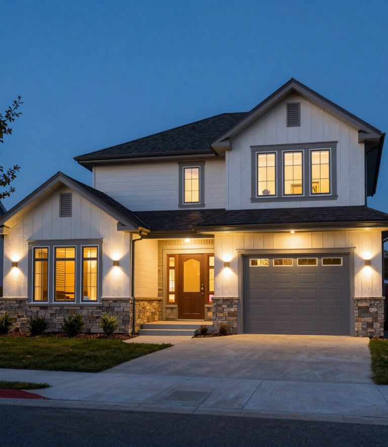 A wide shot of a modern North American house exterior with professional landscape lighting installed, highlighting a safe and well-lit environment during the blue hour. Professional architectural photography style.