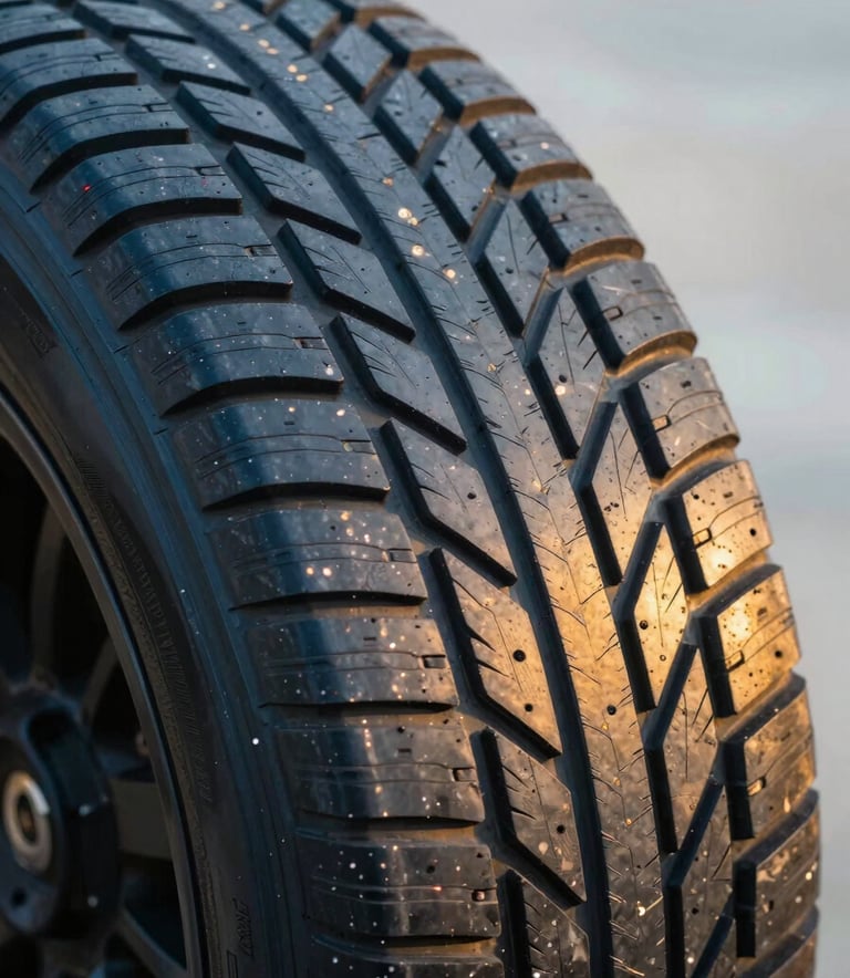 Close-up of a high-performance tire tread on a clean surface, professional lighting emphasizing quality and safety, featuring slate blue and golden yellow tones.