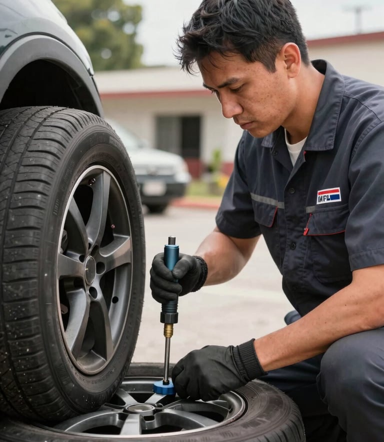 A professional technician in a modern uniform using specialized tools to repair a tire outdoors in a North American / Mexican setting, bright daylight, efficient and clean atmosphere.
