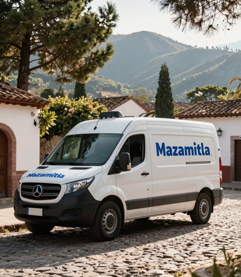 A professional mobile tire service van parked on a picturesque cobblestone street in Mazamitla, Jalisco, surrounded by pine trees and mountain architecture. High-quality photography, afternoon sun casting soft shadows, emphasizing a reliable and modern service in a North American / Mexican mountain town.