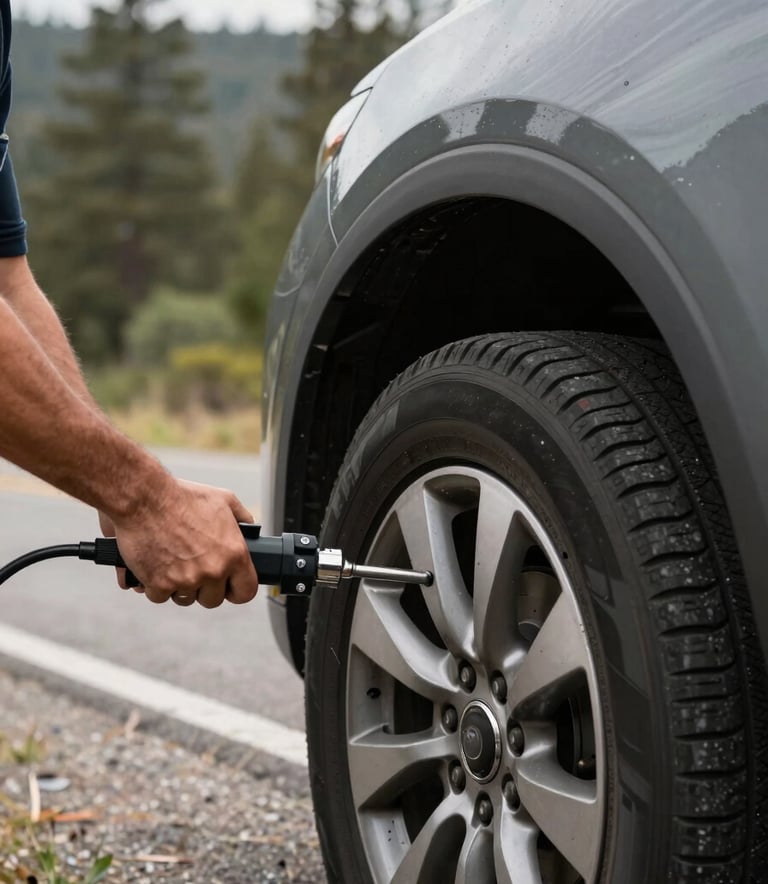 Close-up of a professional technician's hands using high-end pneumatic tools to change a tire on a premium SUV. The setting is a scenic roadside in North American / Mexican forest region. Soft natural light, sharp focus on the tools and the metallic texture of the wheel.