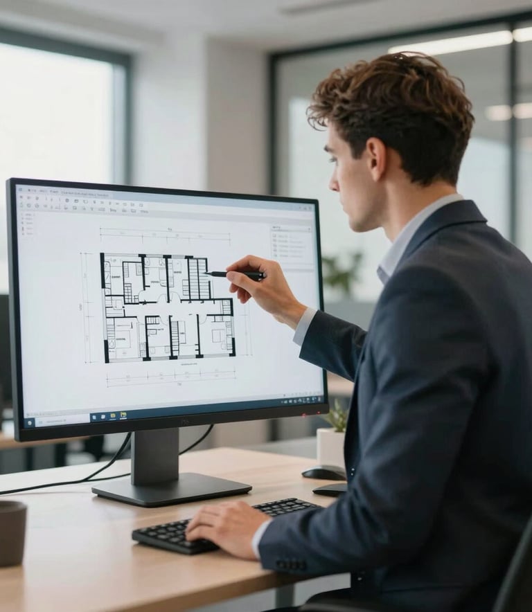 A clean, modern office interior in Germany where a recruitment professional in business attire reviews building plans on a large monitor, soft natural lighting, steel blue and off white color scheme.