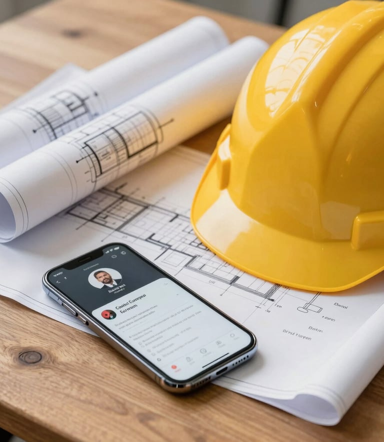 Close-up of a sturdy wooden desk with a yellow hard hat, rolled architectural blueprints, and a sleek smartphone displaying a professional user profile, professional studio lighting, Central European setting.