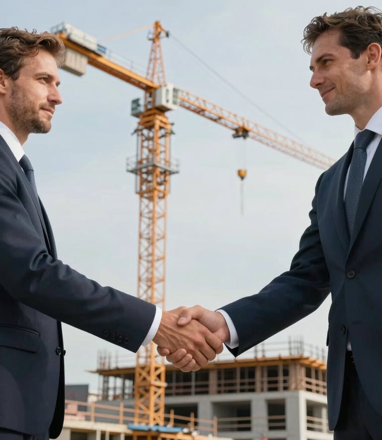 A professional handshake between two business partners on a Central European construction site, with a large crane and a modern building structure in the background under a soft Blue-Grey sky, professional photography style.